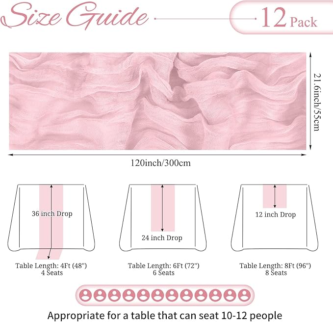 12 Pack Pink Cheesecloth Table Runner 10FT Light Pink Boho Gauze Cheese Cloth Table Runner Rustic Sheer Fabric Table Runners for Wedding Bridal Shower Baby Shower Party(21.5×120 Inch)