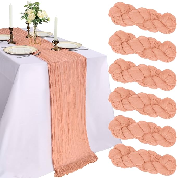 6 Pack 10FT Peach Cheesecloth Table Runner 120 Inch Long Gauze Rustic Boho Spring Cheese Cloth Table Runner Sheer Fabric Decorations for Holiday Party Wedding Banquet Bridal Baby Shower Décor