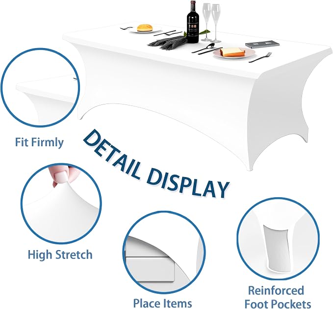 6FT White Table Cloth - 6 Pack Fitted Stretch Rectangle Spandex Tablecloth, Washable Table Cover for Party, Picnic, Wedding, Banquet, Birthday and Festival(30" x 72")