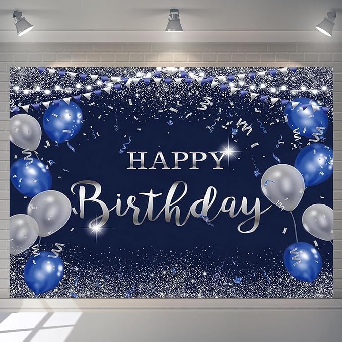 Happy Birthday Backdrop 7x5ft for Men Boys Navy Blue and Silver Happy Birthday Banner Decorations Large Birthday Party Photo Background Poster for Women Girls Supplies Polyester Fabric