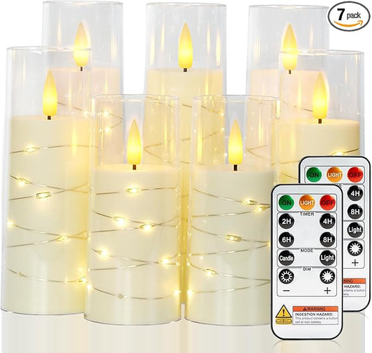 Raycare Flameless Candle with Remote Timer 7 Flickering Acrylic Battery Operated LED Pillar Candles with Embedded Star String for Christmas, Wedding, Home Table Decor, and as a Gift (Ivory White)