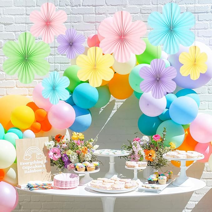 DODOKIM Paper Fans Party Decorations Paper Flowers Decorations for Wall Floral Backdrop Classroom Baby Shower Birthday Party Flower Wall Decor Pack of 9 Rainbow
