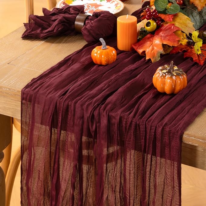 MLMC 8 Pack Burgundy Cheesecloth Table Runner Boho Rustic Gauze Wine Red Cheese Cloth Table Runner Cheese Cloth Centerpiece Decor 35x120 Inches for Wedding Reception Anniversary Home Decor