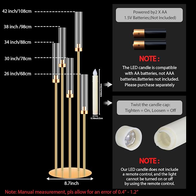 4 Sets 42'' Tall Floor Candelabras with 20 LED Candle 5 Arms Candlesticks Holder Each with Varying Heights,Metal Candle Holders for Party Wedding Home Decoration Housewarming Gift