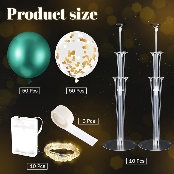 Junkin 10 Set Balloon Stand Kit for Centerpiece with LED String Light 100 Pcs Balloons Table Balloon Stand Centerpieces for Birthday Wedding Baby Shower Back to School Party Decor(Green)