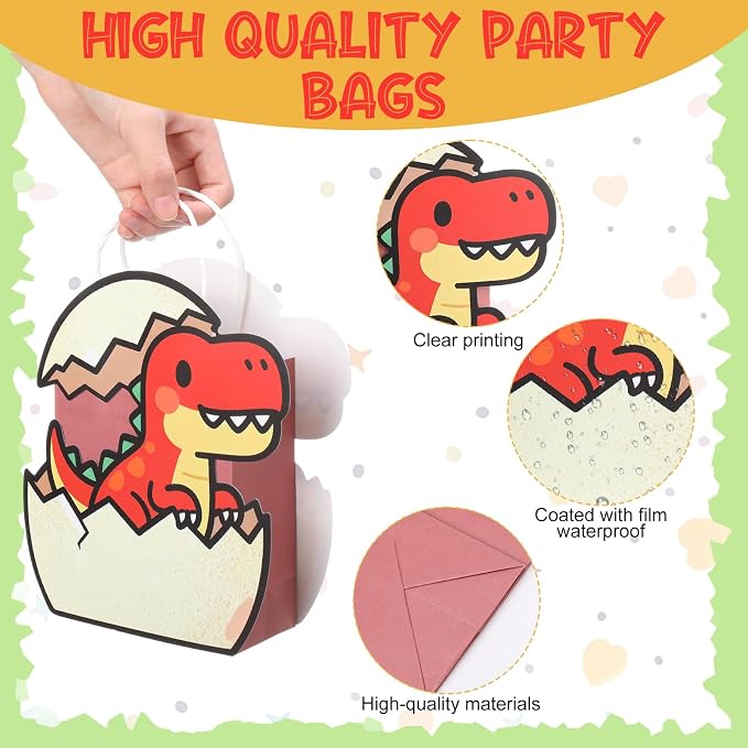 Tosstuki 24 Pcs Dinosaur Party Favor Bags 3D Dinosaur Birthday Gift Goodie Bags with Handles Little Dino Treat Paper Bag for Candy Dino Themed Birthday Party Decorations Supplies
