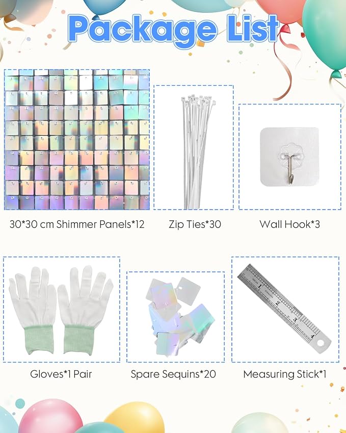 12 Pcs Iridescent Silver Shimmer Wall Backdrop Panels for Party, Mjkeomo 3 FT x 4 FT Iridescent Silver Sequin Backdrop for Birthday Graduation Anniversary Weddings Home Party Decorations