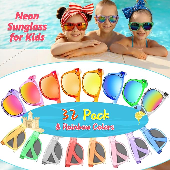 Kids Sunglasses Party Favors Bulk - 32Packs Goodie Bags Stuffers for Kids 3-8, Boys Girls Neon Sunglass with UV400 Protection for Kid Birthday Party, Pool Party Supplies, End of Year Student Gifts