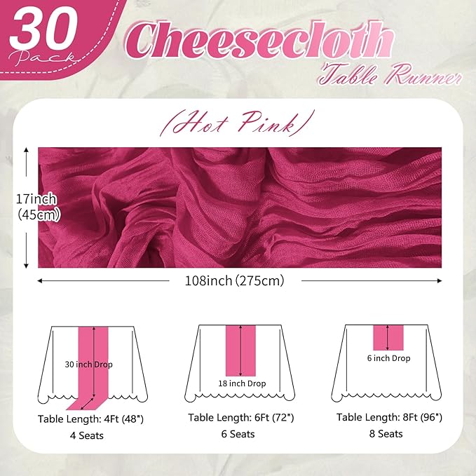 30 Pack Hot Pink Cheesecloth Table Runner 17 x 108 inch Cheese Cloth Table Runners 9ft Pink Table Runner Rustic Romantic Sheer Gauze Runner for Wedding Party Baby Shower Table Decoration