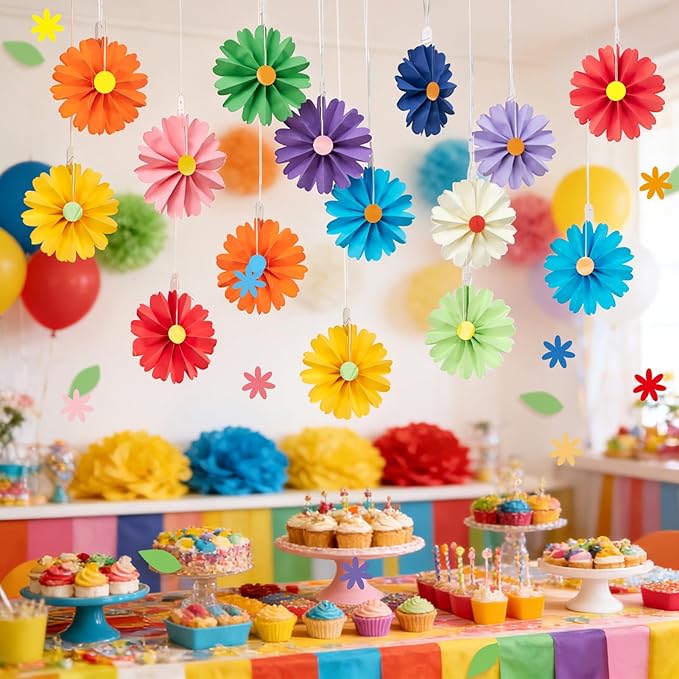 PAPER JAZZ 15pcs Colorful Paper Flower Fiesta Paper Fan Party Decorations, Mini Mexican Hanging Ornaments,Rainbow Paper Daisy with Small Flower for Spring Summer Easter Party
