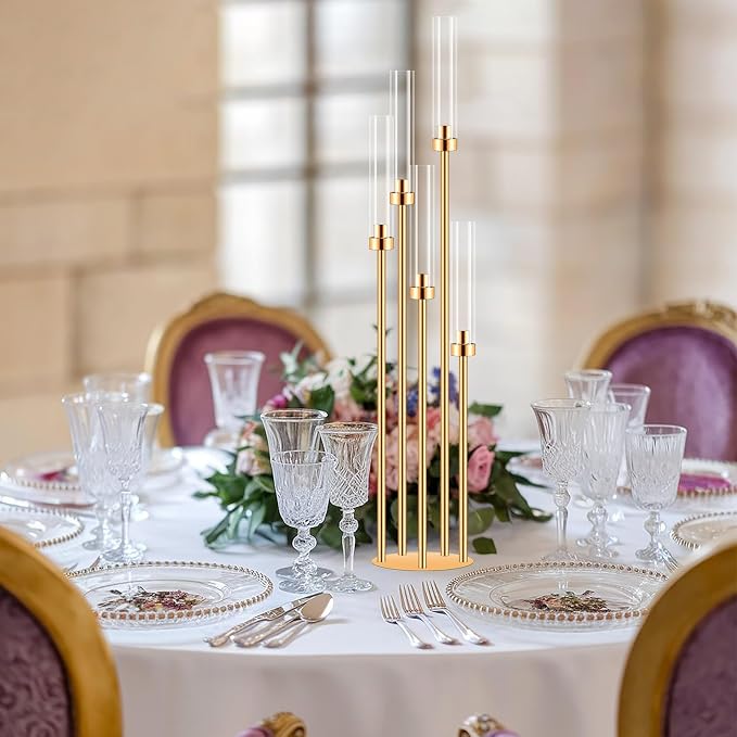 Candelabra Centerpieces for Tables,42'' Tall 5 Arms Candlesticks Holder with Lampshade,Wedding Centerpieces,Gold Candle Holders for Wedding,Home Decoration Housewarming Gift,Fit LED Candles