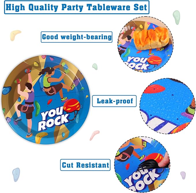 96 Pcs Rock Climbing Party Plates and Napkins Supplies Tableware Disposable Camping Party Dinner Dessert Plates for Rock Climbing Camping Adventure Table decorations, 24 Guests