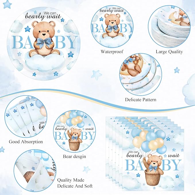 Funnymoom 452 Pcs 50 Guests We Can Bearly Wait Baby Shower Decorations Boy, Blue Baby Boy Shower Paper Plates Napkins Cups Tablecloth Cutlery Straws Tableware Set for Gender Reveal Party Supplies