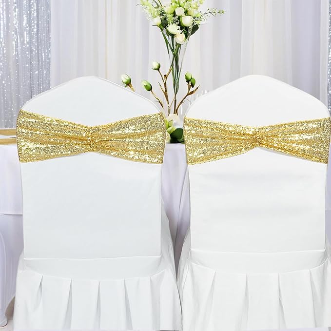 SquarPie Pack of 50 Chair Sashes Bands Gold Stretch Spandex One-Sided Sequin Chair Back Cover Ties Bows for Wedding Party Fiesta Decor