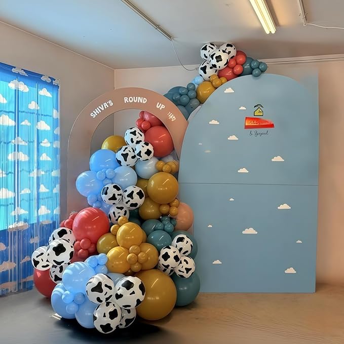 Western Balloon Arch Kit, 123pcs Retro Burnt Orange Pastel Blue Mustard Yellow Balloon Garland with Cow Print Cloud Print Balloons for Boy Story Baby Shower First Rodeo Farm Adventure Decorations