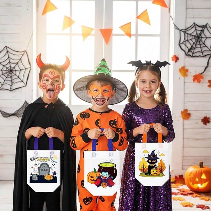 Chunful 24 Pcs Coloring Goodie Gift Bags for Kids Birthday Party Reusable Coloring Tote Bags Cute Cartoon Colorful Party Favor Non Woven with Colorful Pens DIY Crafts (Halloween)