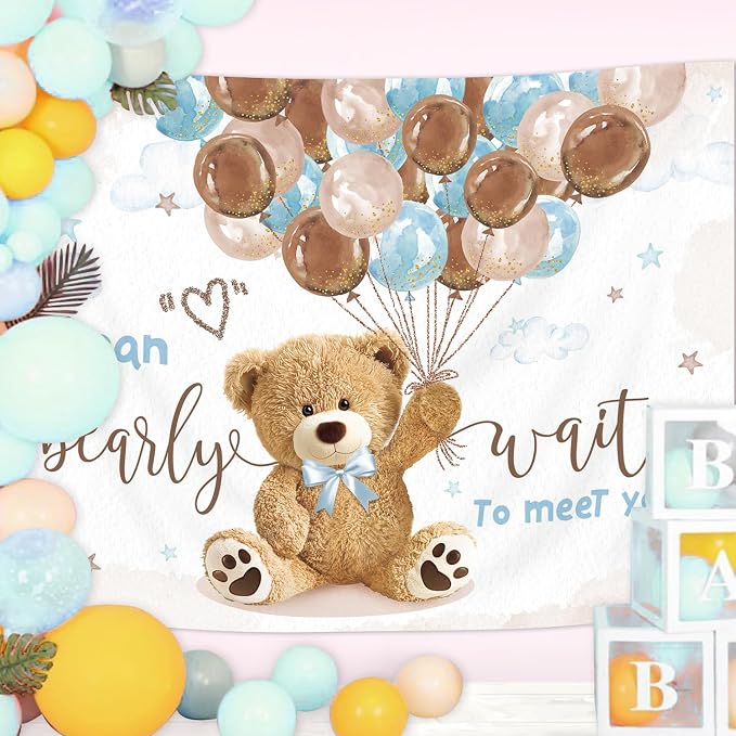 Bear Baby Shower Backdrop 8Wx6H Feet We Can Bearly Wait for Boys Balloons Gold Dots Cute Cartoon Polyester Fabric Newborn Photography Backgrounds Photo Shoot Decor Props Decoration