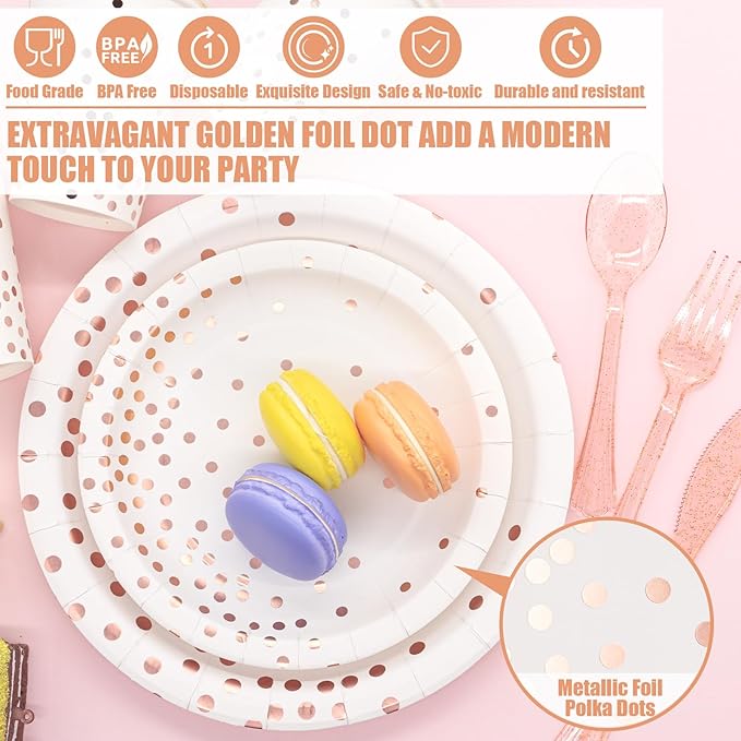 Partylamb White & Rose Gold Party Supplies, 350PCS Disposable Dinnerware Set with Plates Napkins Cups Forks Knives Spoons for Girl Women Birthday Baby Bridal Shower Graduation Wedding Party Decoration