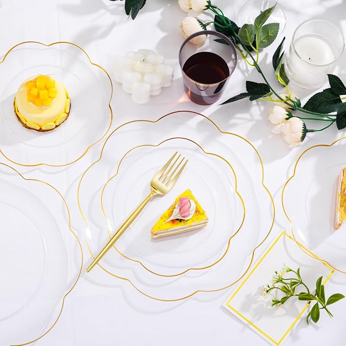 ejonirinjonir EI 180pcs Clear and Gold Plastic Plates with Plastic Silverware,Dinnerware Plate Set for Party,Disposable Plates Heavy Duty Clear Gold Cups for Wedding,Birthday,Spring Afternoon Tea
