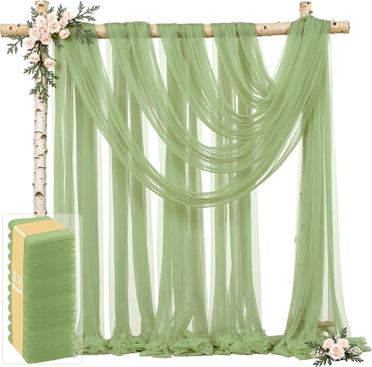 12 Panels Sage Green Wedding Arch Draping Fabric 30" x 19ft Wedding Drapes Tulle Drapes for Backdrop Sheer Fabric Backdrop Drapes Decorations Backdrop Curtains for Reception Ceremony Party