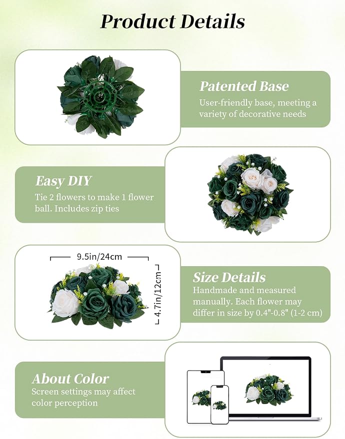 BLOSMON Green Flowers Artificial for Weddings: 10 Pcs Fake Rose Flower Balls for St Patricks Day Table Decorations - Fake Silk Kissing Bouquet Floral Arrangement for Home Party Event Decoration