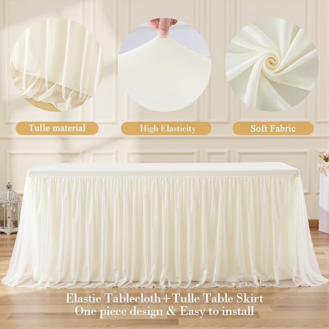 Suppromo Ivory Tulle Tablecloth for 8 Foot Rectangular Table 8ft Ivory Rectangle Table Cloth Wrinkle Free Tablecover with Tutu Skirt for Wedding Birthday Party Bridal Shower Banquet Buffet Cake Event