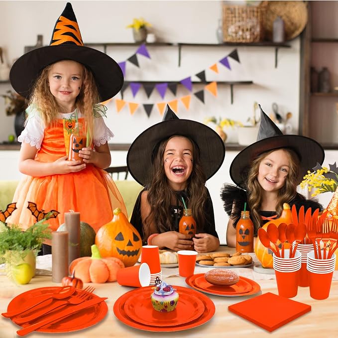 Orange Paper Plates Party Supplies,168pcs Orange Plates and Napkins Party Supplies for Halloween Thanksgiving Fall Orangee Birthday Decorations for Women Serve 24