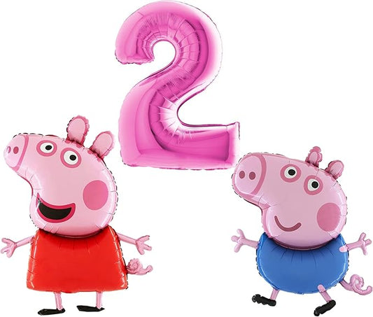 Toyland® Peppa & George Pig Foil Balloon Pack - 2 x 37" Character Shape Balloons & 1 x 40" Number Balloon - Kids Party Decorations