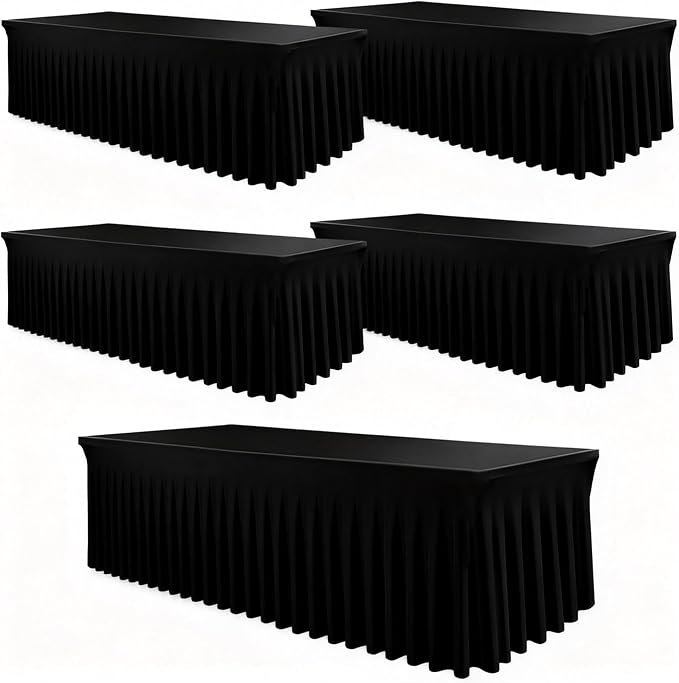 WJWHQ 5 Pack Black Spandex Tablecloths, Stretch Fitted 6ft Table Cover (120 Inch) with Skirt, Wrinkle Free for Weddings, Parties, Banquets, Dining Fits 6 Foot Rectangle Tables