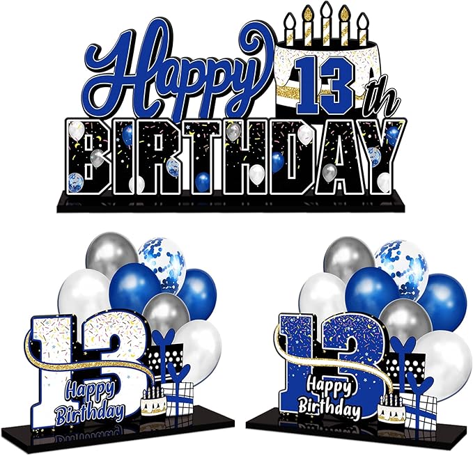 LINGTEER Happy 13th Birthday Blue Acrylic Table Topper Centerpieces Set - Cheers to Thirteen Years Old Birthday 13th Bday Party Gift Decorations.