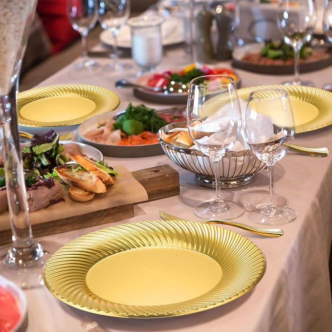 Tioncy 200 Pcs Gold Plastic Dessert Plates with Mini Forks Set for 100 Guests Includes 100 Pcs 7'' Disposable Cake Plates 100 Pcs 3.94'' Gold Plastic Forks for Wedding Birthday Party Dessert Table
