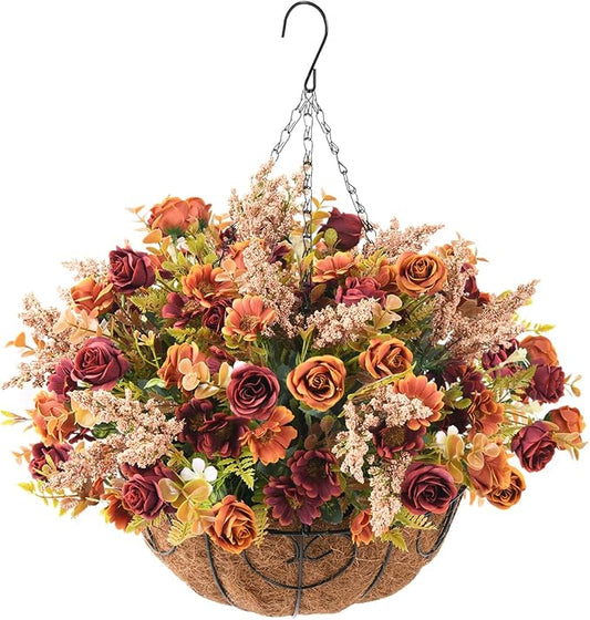 Homsunny Artificial Hanging Flowers for Fall Decoration,Fake Silk Rose Floral Arrangement,Faux Outdoor Indoor Plant with Flowerpot for Home Patio Lawn Garden Porch Autumn Decor
