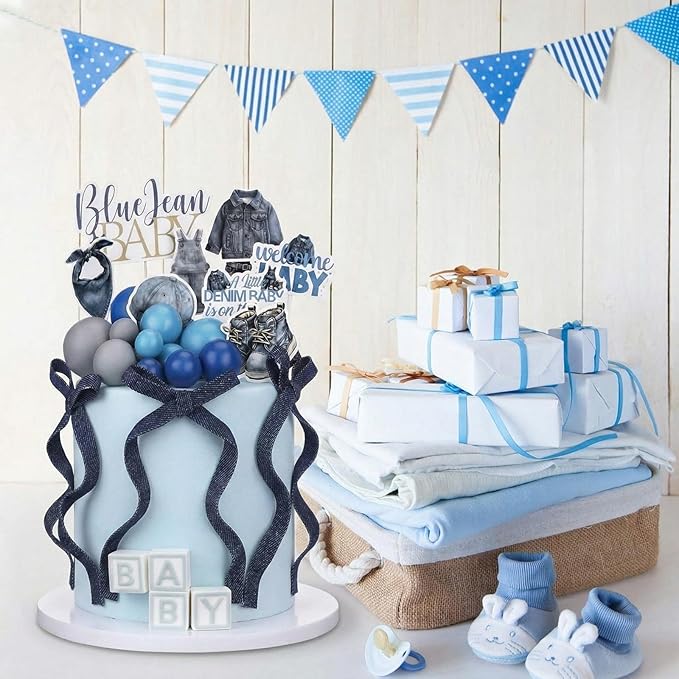 Novabright 32 Pcs Blue Jean Denim Baby Shower Decorations a Little Denim Baby Is on the Way Decorations Cupcake Toppers for Welcome Blue Jean Clothes Pregnancy Gift