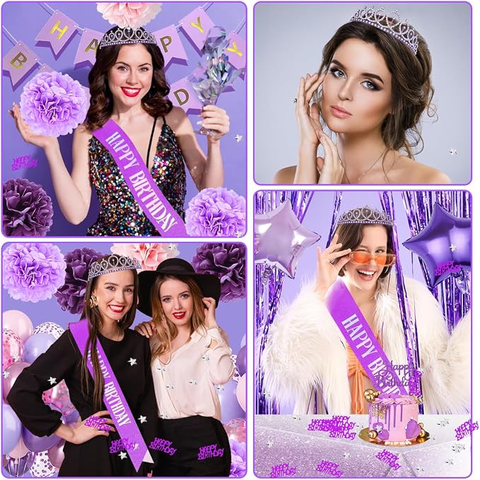 Birthday Decorations Set, Purple Party Decoration with Purple Balloons, Banner, Pom Poms, Fringe Curtain Background, Birthday Crown, Shoulder Strap for Girls Women Party Supplies