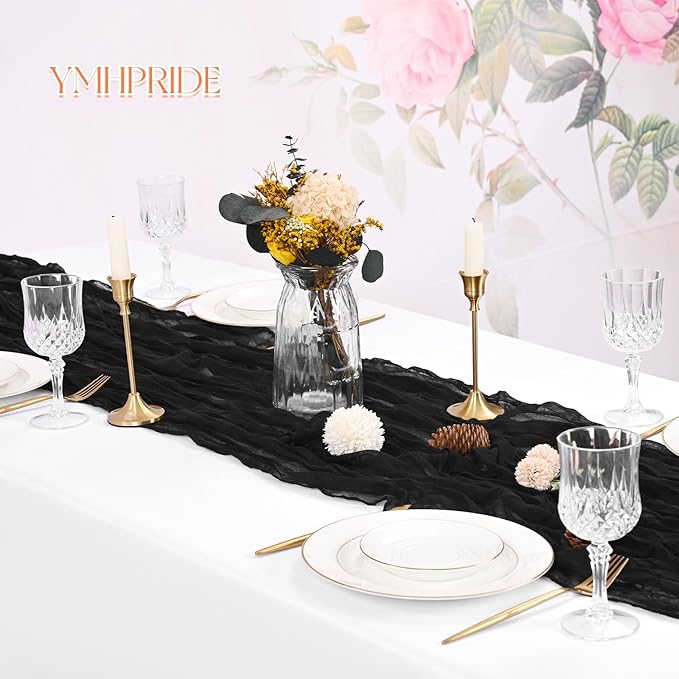 8 Pack Black Cheesecloth Table Runner 120 Inch 10FT Spring Boho Rustic Sheer Gauze Cheese Cloth Table Runner for Wedding Baby Shower Birthday Party Table Decor