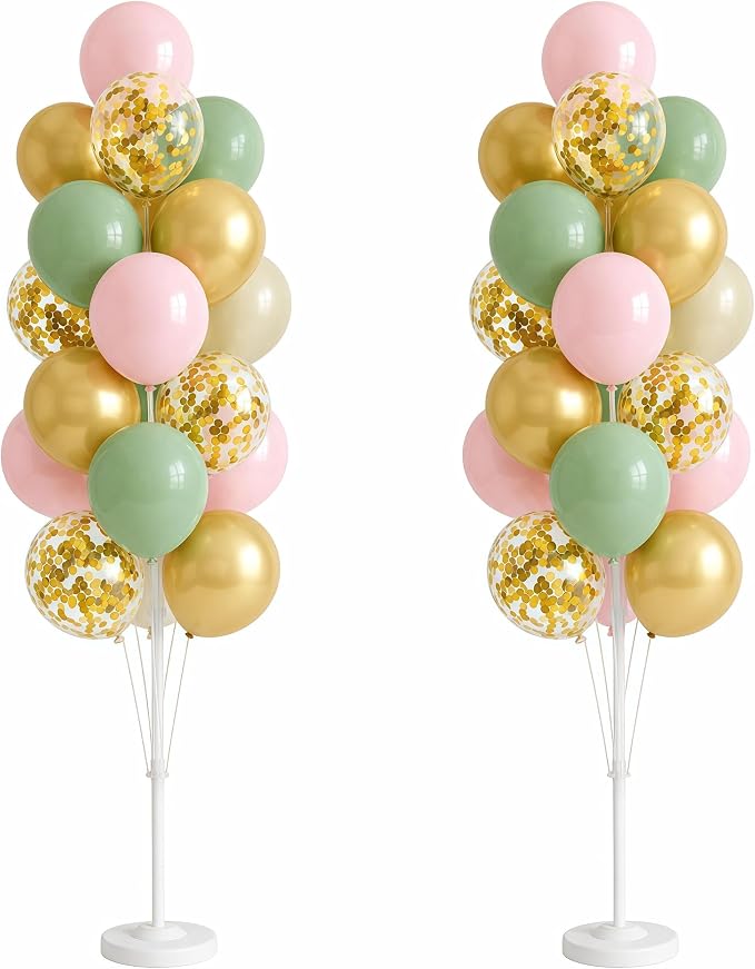Hiins Balloon Column Kit Set of 2 With Balloons Included - with Base, and Pole,Balloon Tower Backdrop Decoration for Wedding, Baby Shower, Birthday Party, or Bachelorette Parties (Sage Green Gold)