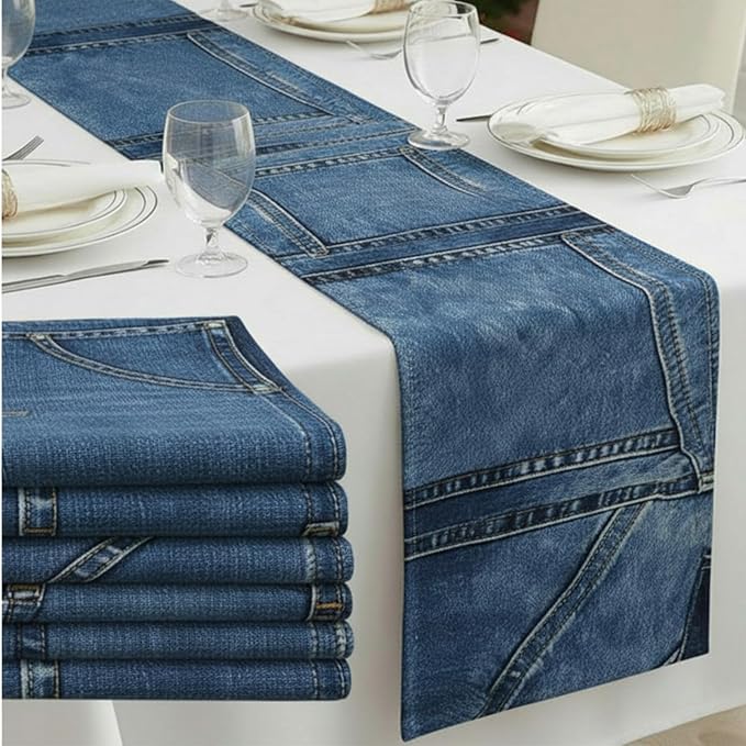 Mindsoft 6 Pcs Blue Jean Table Runners 72 Inches Blue Jean Baby Shower Decorations Denim Jeans Decorative Table Runners for Denim and Diamonds Bachelorette Engagement Wedding Decor Celebration