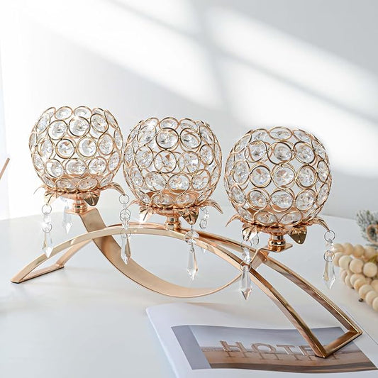 Set of 3 Gold Crystal Tea Light Candlestick Holders Flower Shape with Crystal Pendant Bowl Votive Metal Candle Holder for Table Centerpieces Wedding Home Decor (Gold, 3 arm)