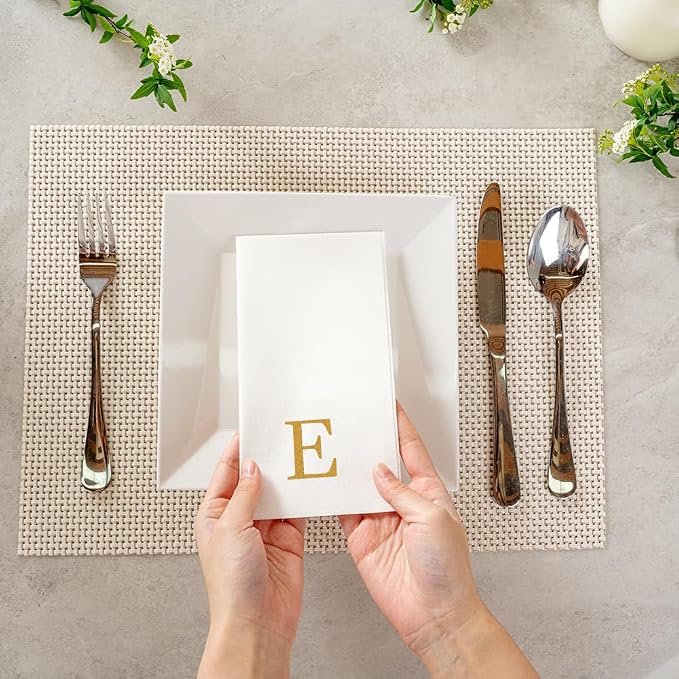 Luxenap 15.8 X 7.9 Inch Linen-Feel Guest Towels, 50 Lettered Hand Towels - Gold Letter 'E', Sans Serif Font, White Paper Dinner Napkins, airlaid, For Restrooms And Tables - Restaurantware
