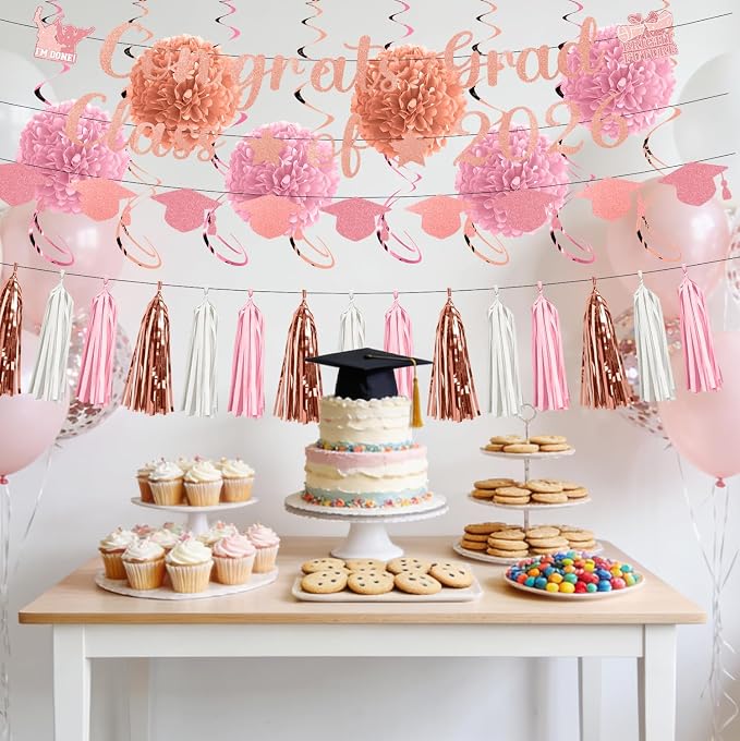 Rakuto Pink Graduation Decorations 2026, 32PCS Congrats Grad Class of 2026 Glitter Banners with Hanging Swirls Party Decorations, Congratulations Grad Paper Pom Poms and Tassel Garland Decor