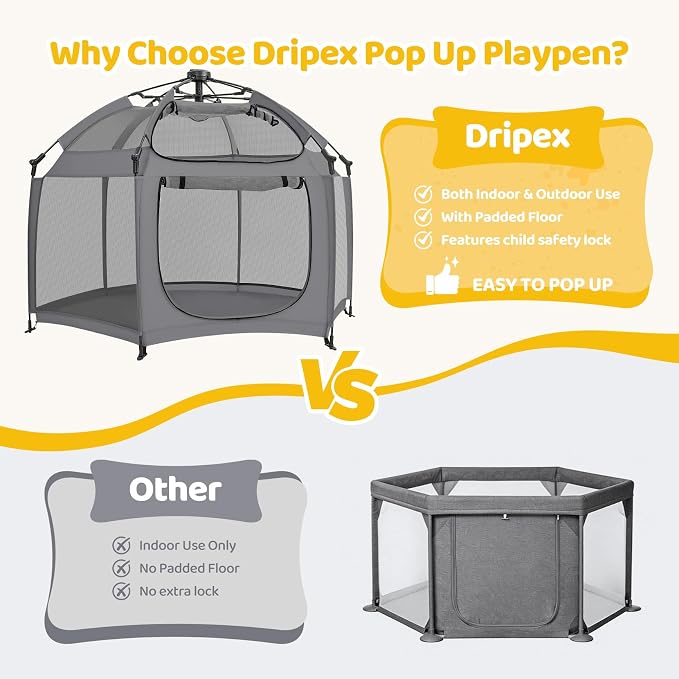 Dripex Pop Up Playpen w/t Built-in Pad & One-Click Safe Lock, Foldable Indoor/Outdoor Baby Playpen w/t Removable Canopy &Roll-Up Door & Top Mesh Window, Travel Pop and Go Beach Play Pen for Baby Grey