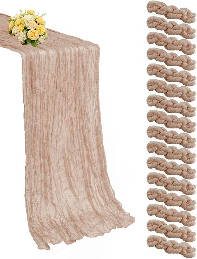 16 Pcs Nude Brown Cheese Cloth Table Runner 21x120 Inch Long Sheer Tan Table Runner Cheesecloth Table Cloth for Valentine’s Day Birthday Party Family Dinner Fit 8-10 People Tables