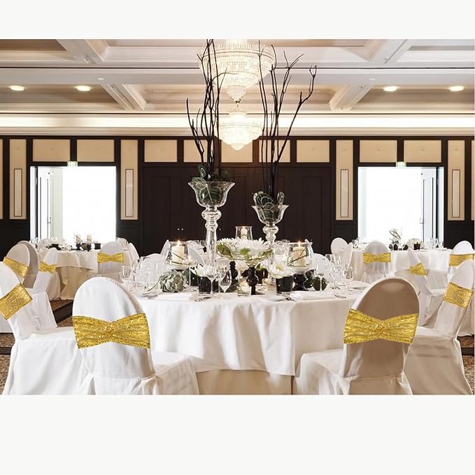 SquarePie Sequin Chair Sashes 30 Pack - Gold Decorative Sashes Bands for Wedding Party Decoration, Seuqin Fabric Bow for Banquet Reception Chairs