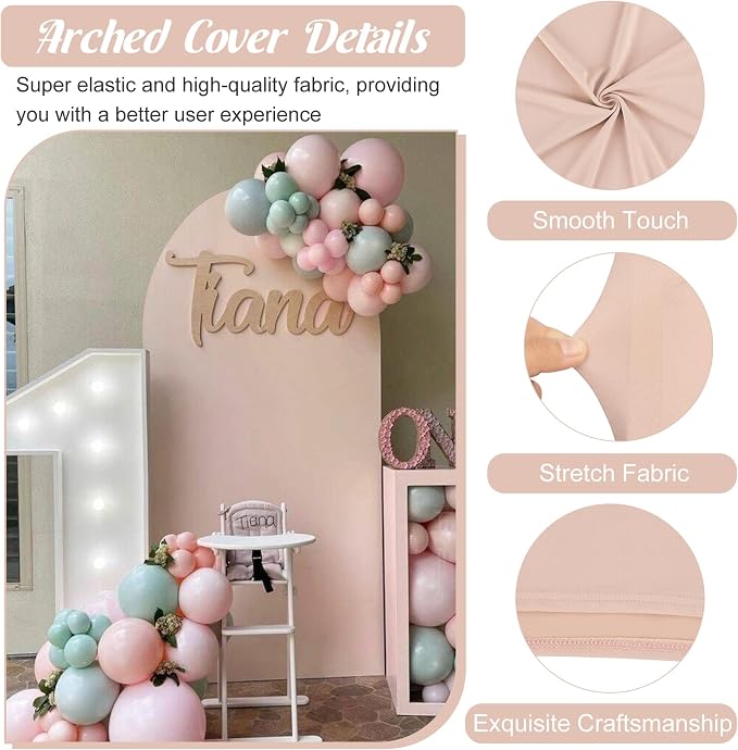 Metal Arch Stand and Cover Set,1 Nude Spandex Fitted Backdrop with 1 Gold Wedding Arched Stand Frame for Parties Birthday Baby Shower Bridal Banquet Decoration (6.6FT)