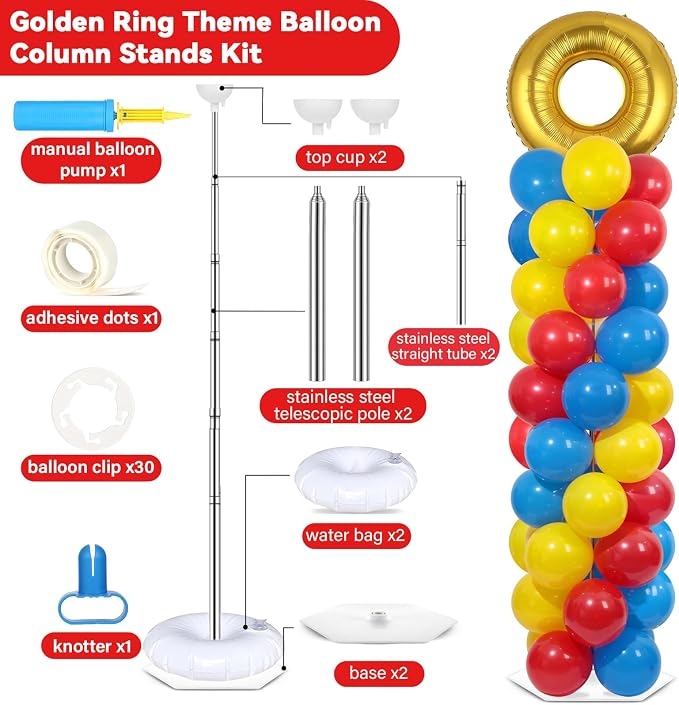 2 Sets Red Blue Yellow Balloon Column Stand Kit with 102 Balloons Ring 5.57ft Adjustable Balloon Tower Stand with Red Blue Gold Balloons Arch Column for Birthday Baby Shower Party Supplies