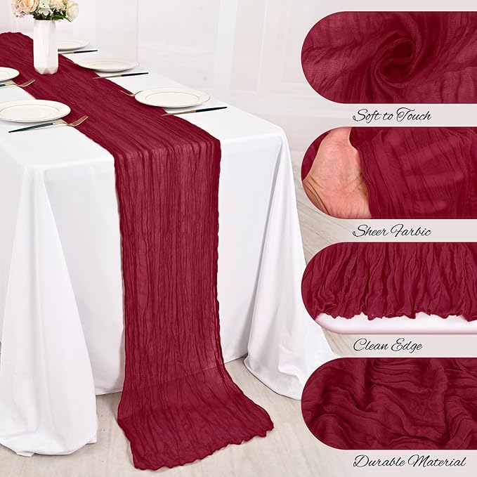 12 Pack Burgundy Cheesecloth Table Runner 10FT Boho Gauze Cheese Cloth Table Runner Rustic Sheer Fabric Table Runners for Wedding Bridal Shower Baby Shower Party(21.5×120 Inch)