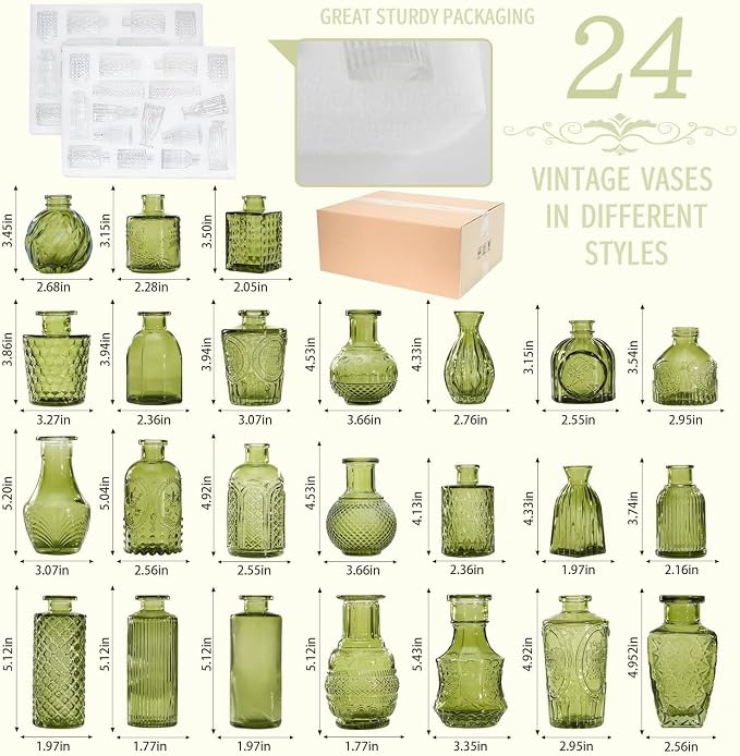 24PCS Mini Bud Vases As Wedding Centerpieces for Tables,Clear Bud Vases for Flowers,Small Flower Vases Suitable for Birthday Party,Anniversary,Wedding Reception,Baby Shower (Green, 24PCS)