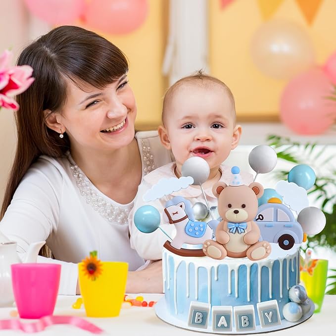 Blue Bear Cake Decoration Teddy Bear Blue White Balls Cake Topper Baby Shower Birthday Cake Decoration for Birthday Party Decorations