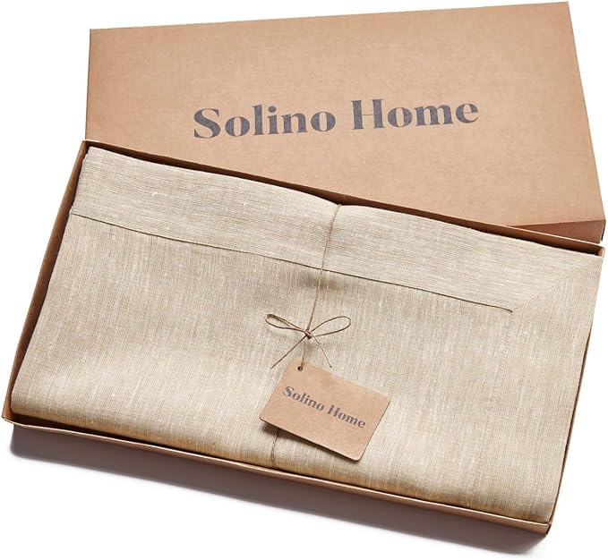 Solino Home Linen Tablecloth 60 x 144 Inch - 100% Pure Linen Champagne Beige Table Cloth for Rectangle Tables - Athena, Machine Washable Tablecloth for Summer