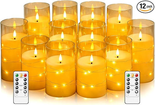 kakoya Flameless LED Candles with Timer 12 Pc Flickering Flameless Candles for Romantic Ambiance and Home Decoration Stable Acrylic Shell,with Embedded Star String，Battery Operated Candles(Gold)